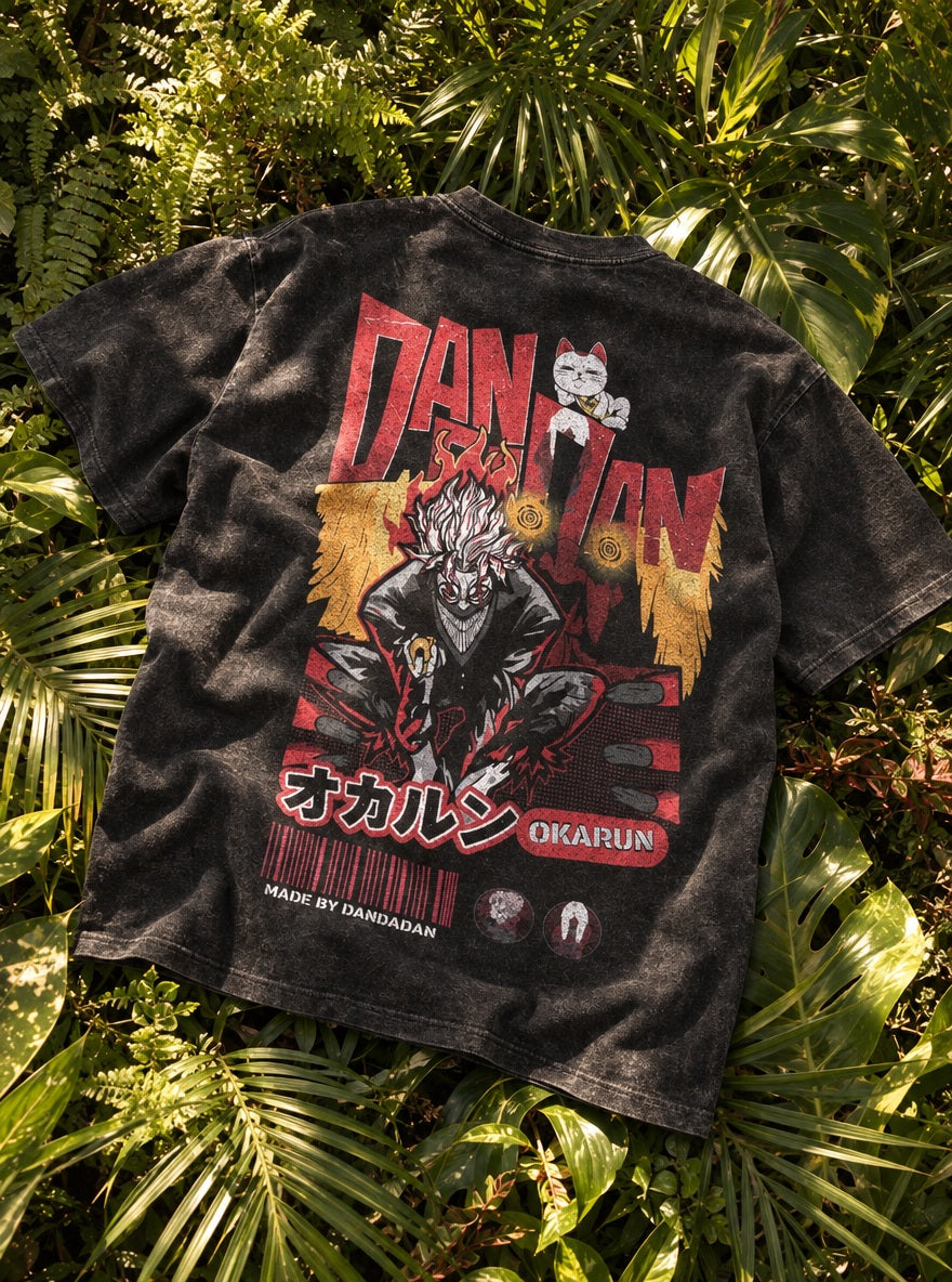 Okarun Flames – T-Shirt – flat-lay | Dandadan