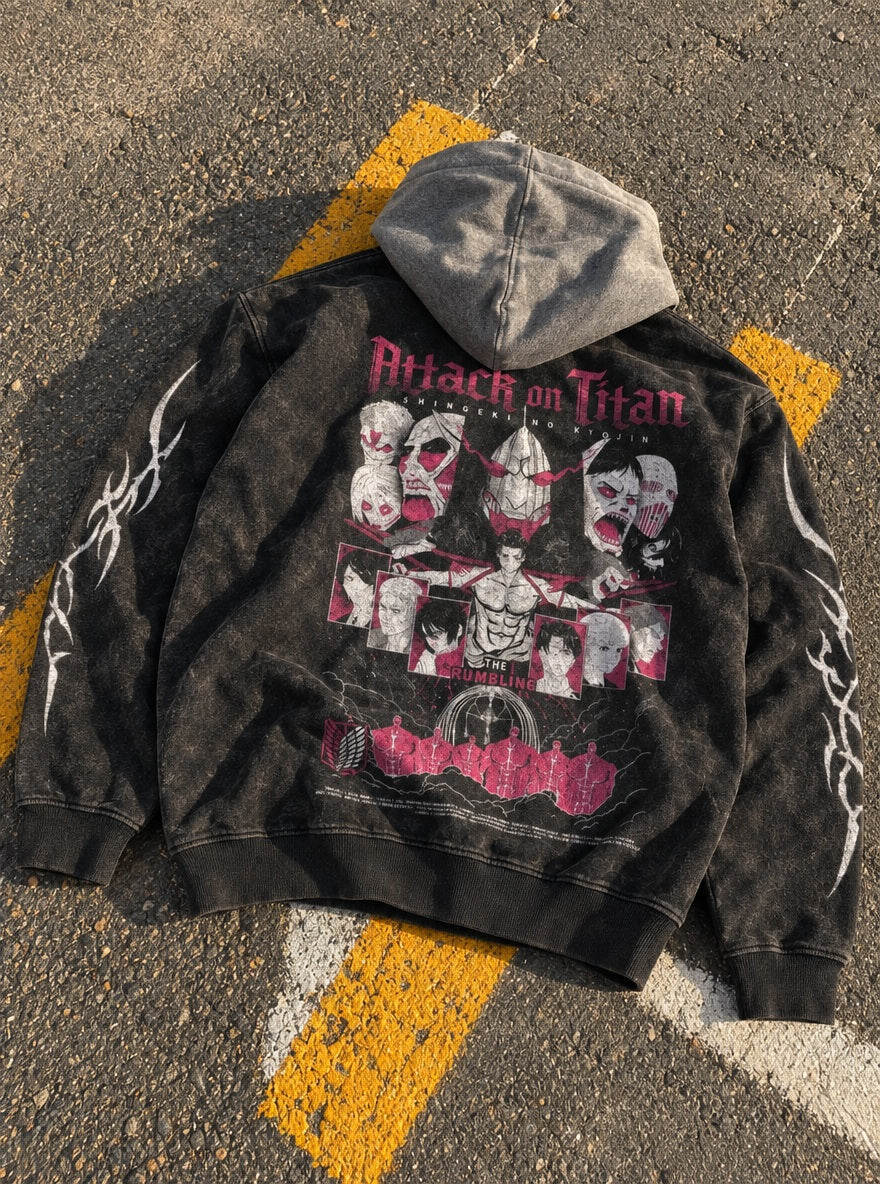 The Rumbling – Black & Grey Hoodie – flat-lay | Attack on Titan