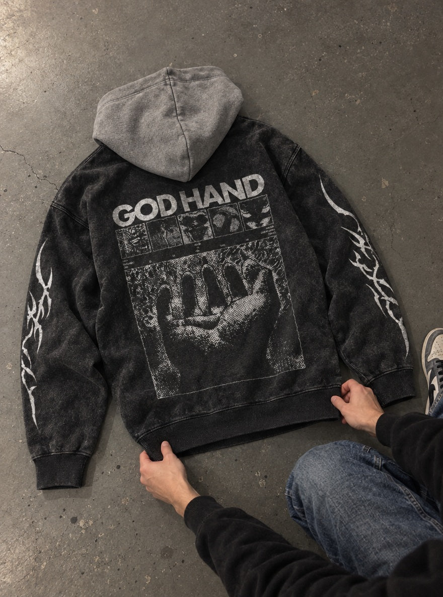 God Hand – Black & Grey Hoodie – flat-lay | Berserk