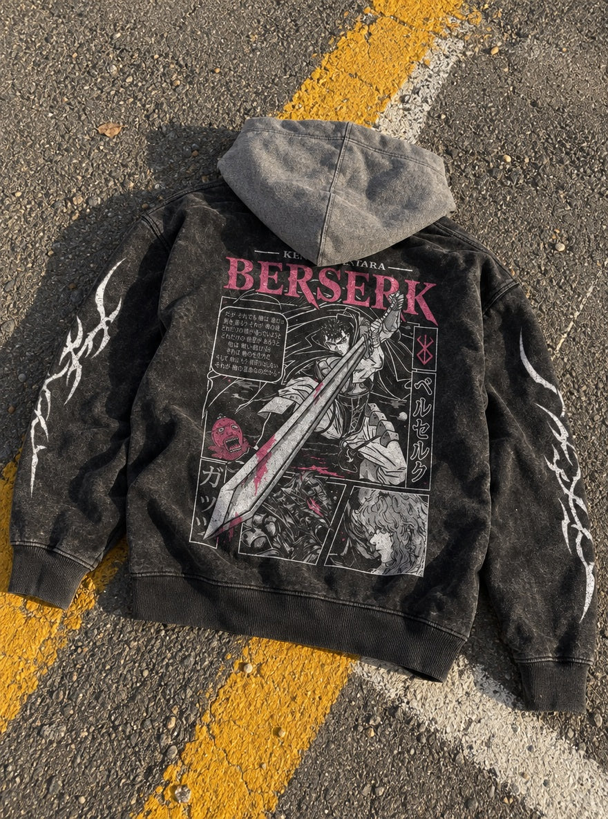 Pink Panel Guts – Black & Grey Hoodie – flat-lay | Berserk