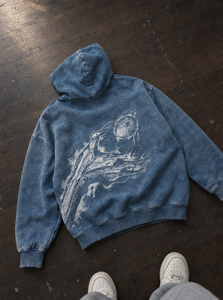 Blue Faded Hoodie – Behelit Grasp – flat-lay | Berserk