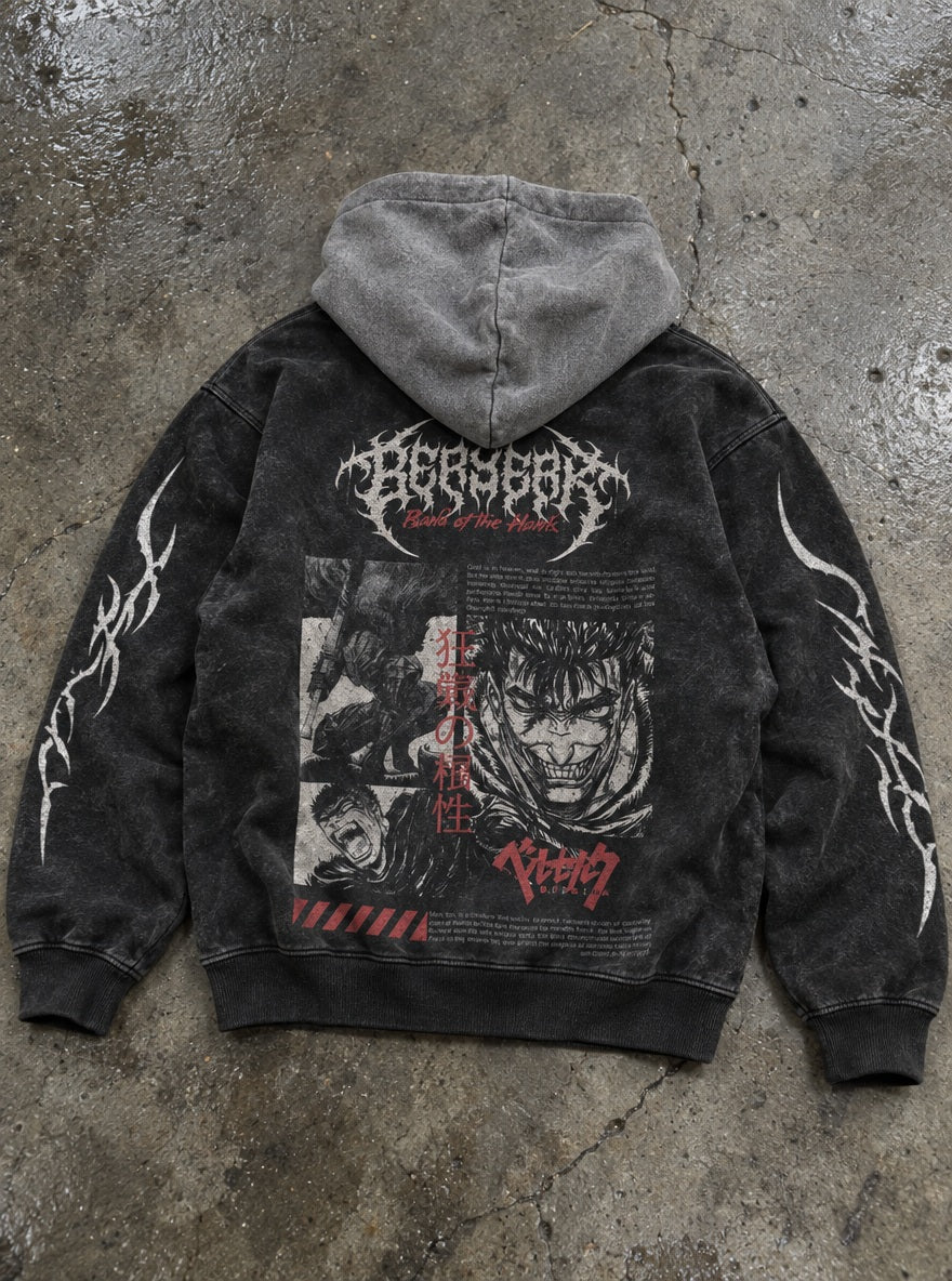 Guts Manga Collage – Black & Grey Hoodie – flat-lay | Berserk