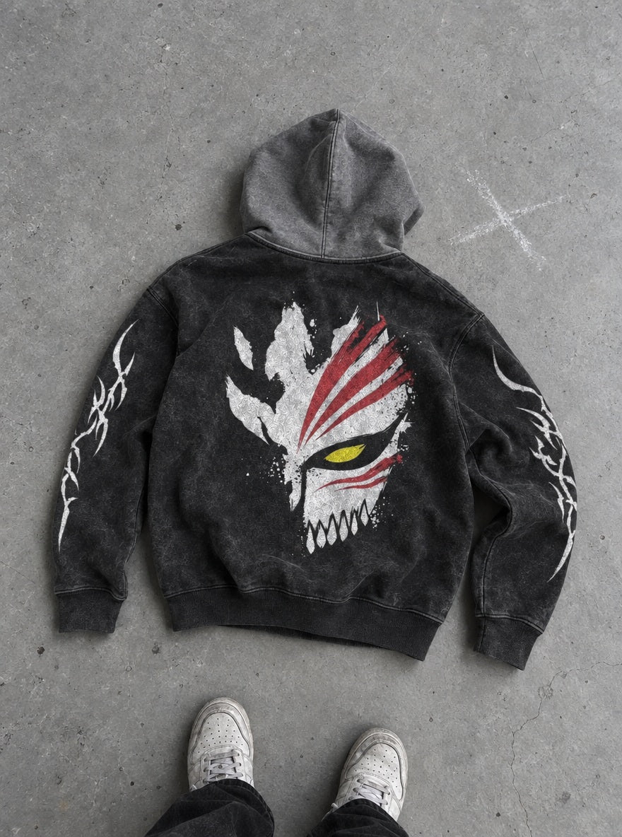 Hollow Mask – Black & Grey Hoodie – flat-lay | Bleach
