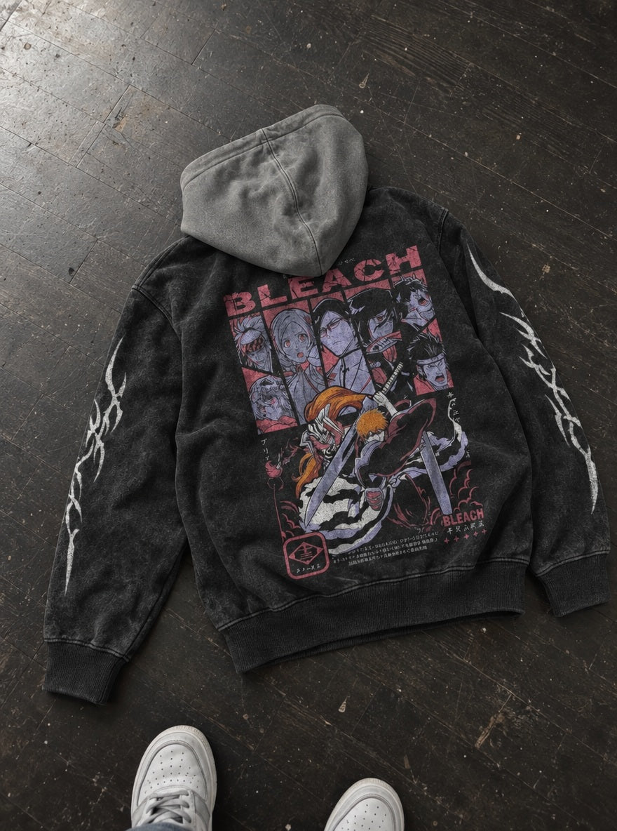 Ichigo & Allies – Black & Grey Hoodie – flat-lay | Bleach