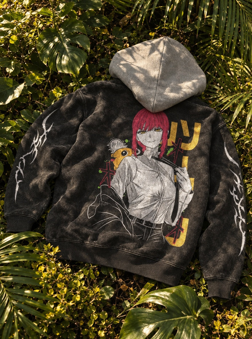 Makima & Pochita – Black & Grey Hoodie – flat-lay | Chainsaw Man