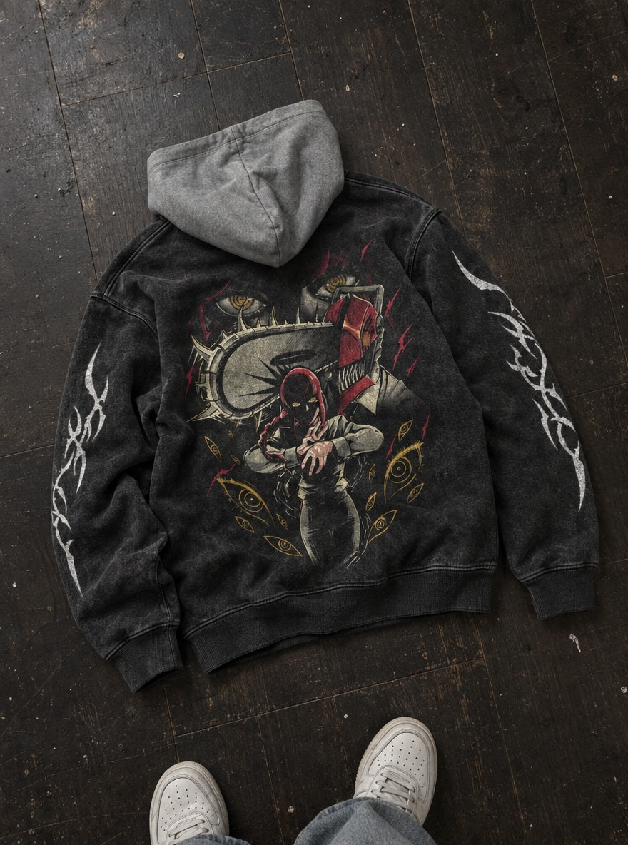 Makima's Leash – Black & Grey Hoodie – flat-lay | Chainsaw Man