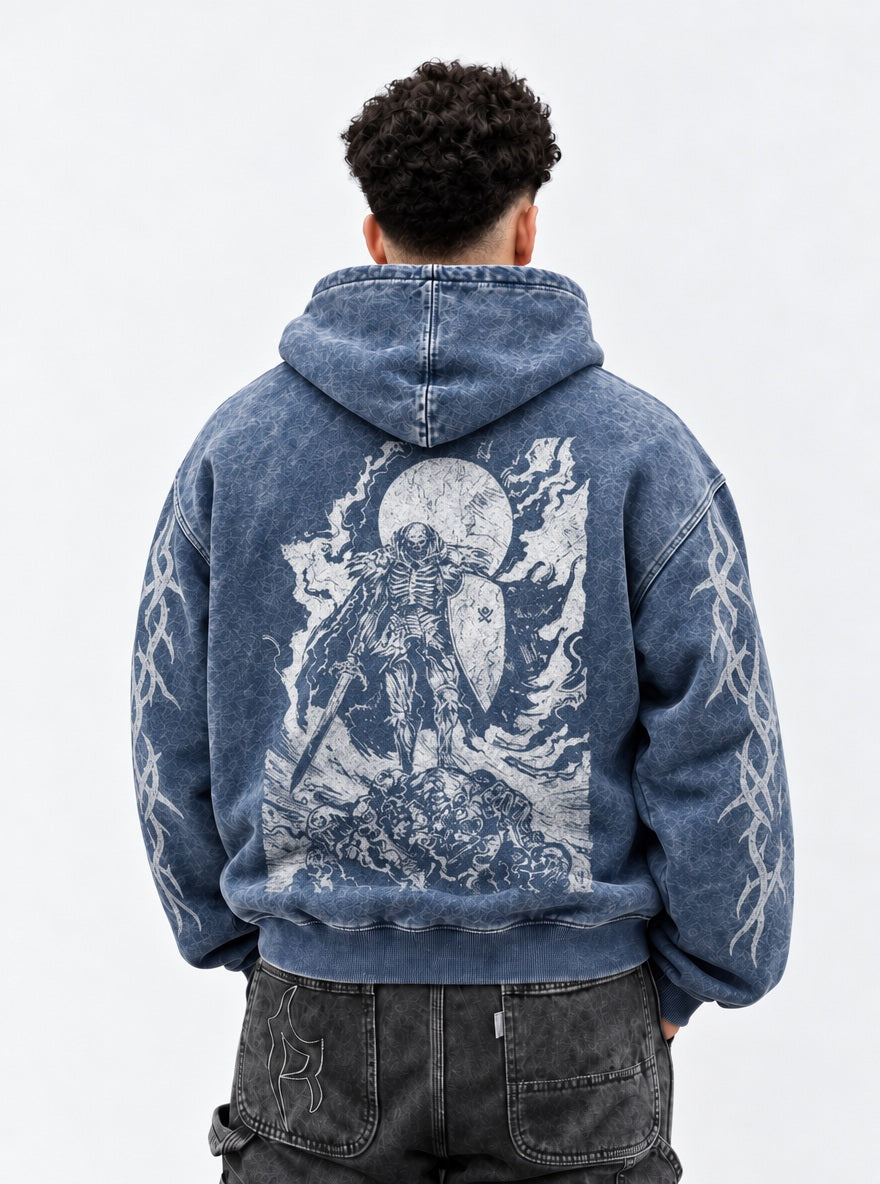 Blue Faded Hoodie – Skull Knight Sunset – model shot | Berserk