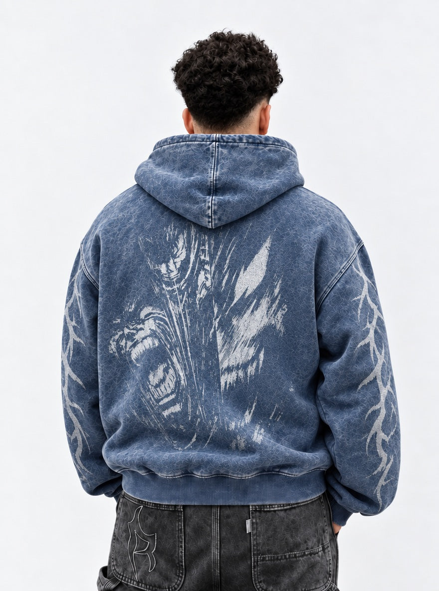 Blue Faded Hoodie – Berserker Howl – model shot | Berserk