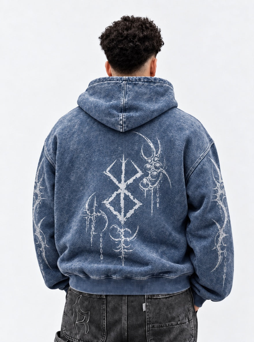 Blue Faded Hoodie – Chained Brand Sigil – model shot | Berserk