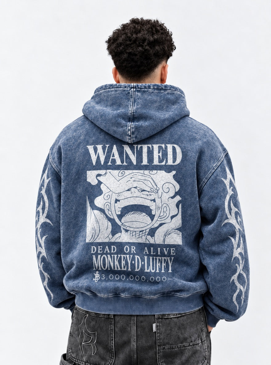 Blue Faded Hoodie – Luffy Wanted – model shot | One Piece