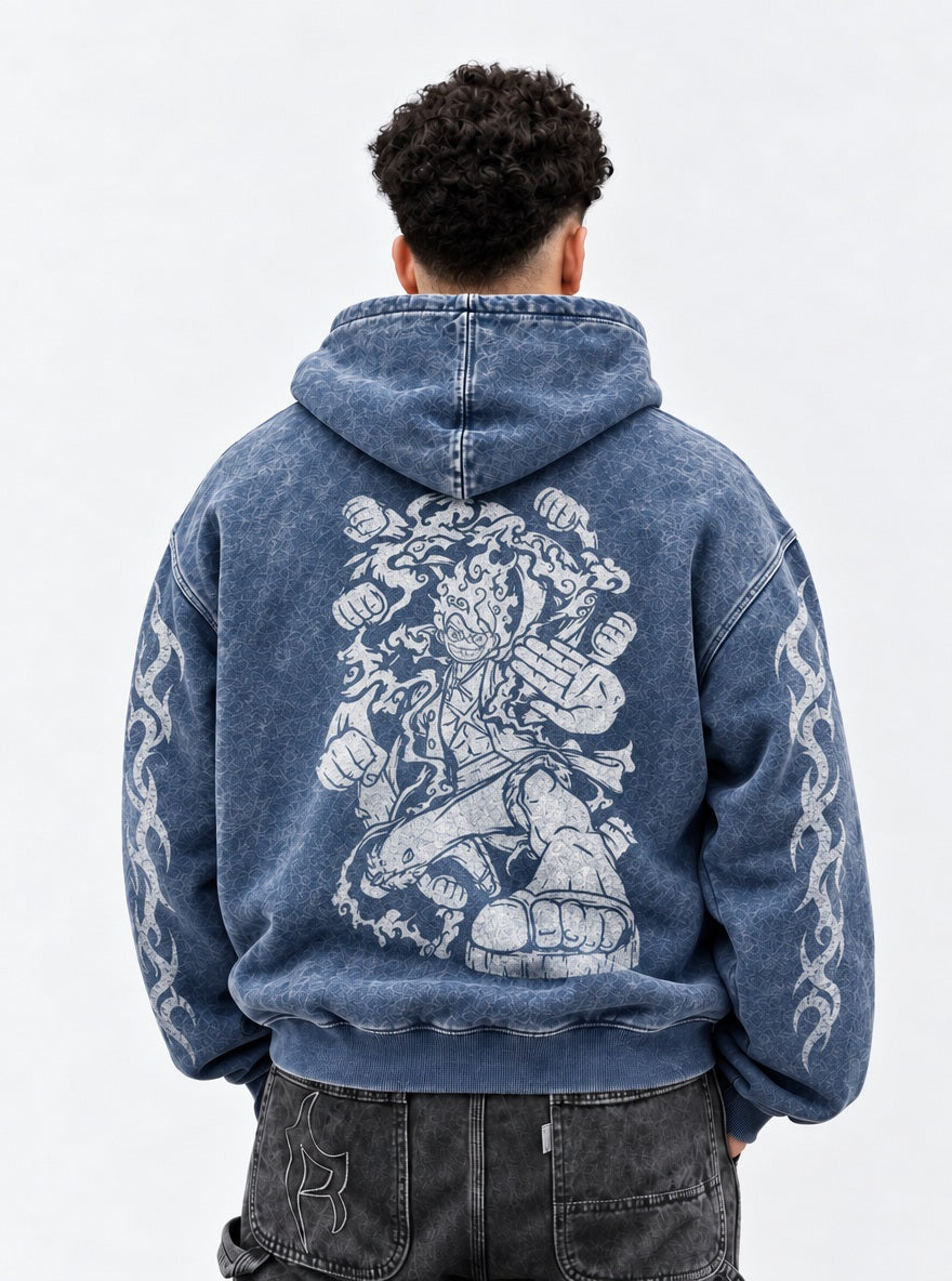 Blue Faded Hoodie – Gear 5 Barrage – model shot | One Piece