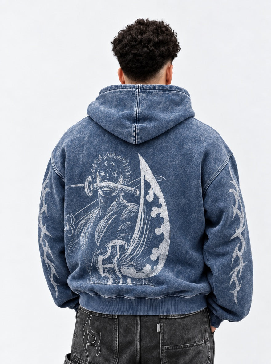 Blue Faded Hoodie – Zoro Neon Slash – model shot | One Piece