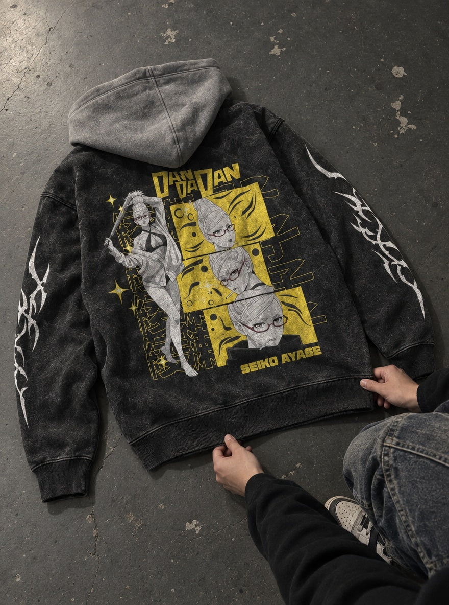 Seiko Ayase – Black & Grey Hoodie – flat-lay | Dandadan
