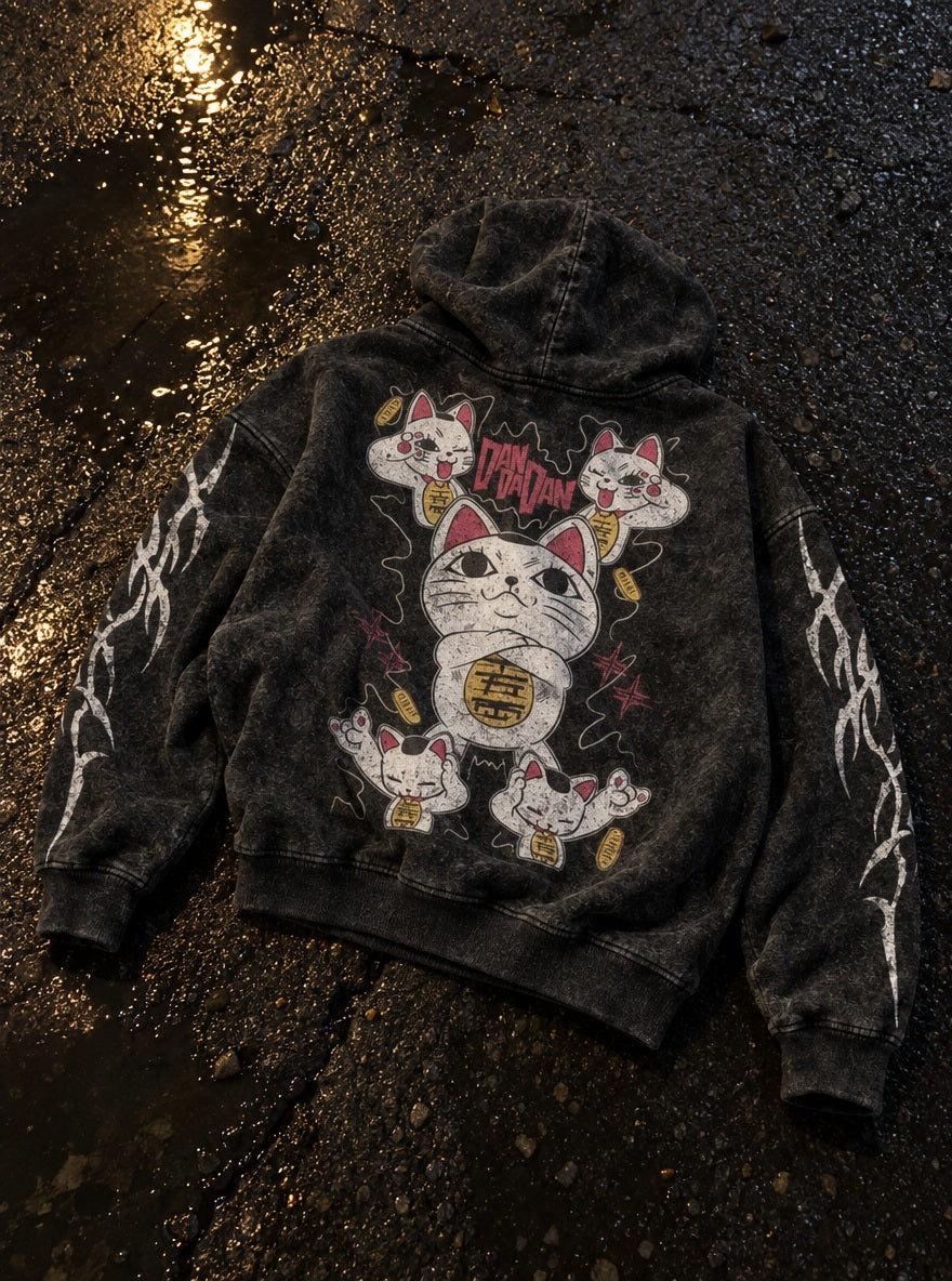 Lucky Cat Granny – Hoodie – flat-lay | Dandadan