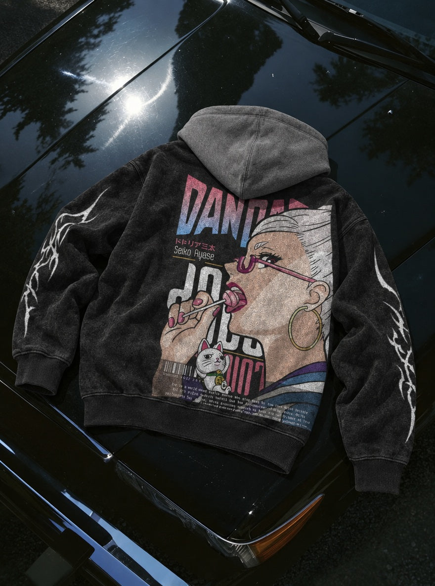 Seiko Lollipop – Black & Grey Hoodie – flat-lay | Dandadan