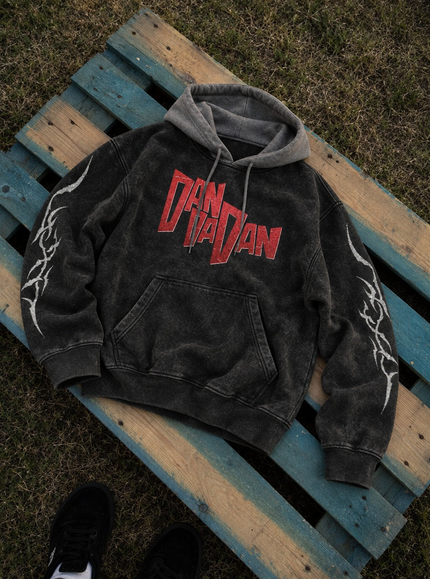 Red Title Logo – Black & Grey Hoodie – flat-lay | Dandadan