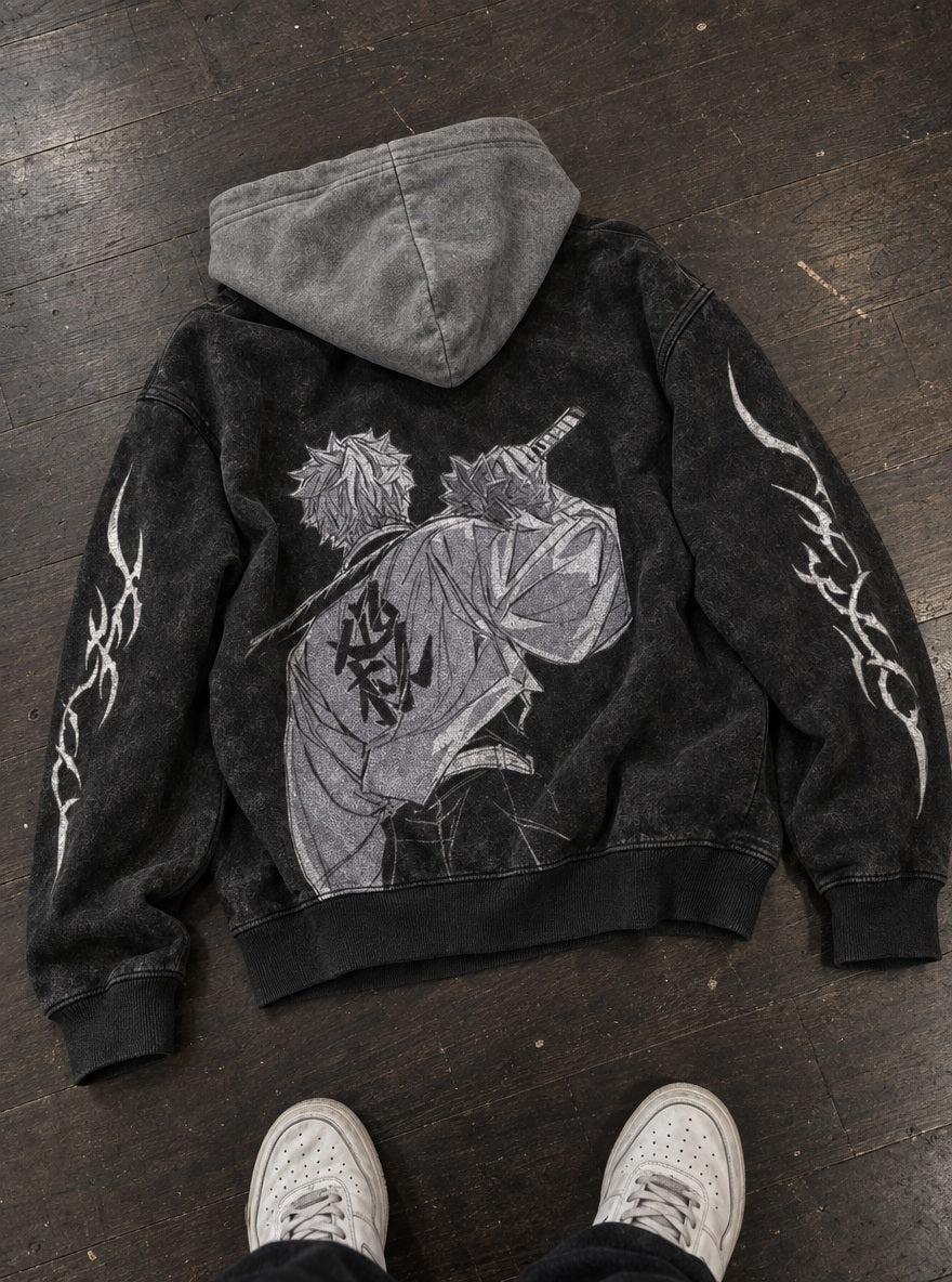 Sanemi Back – Black & Grey Hoodie – flat-lay | Demon Slayer