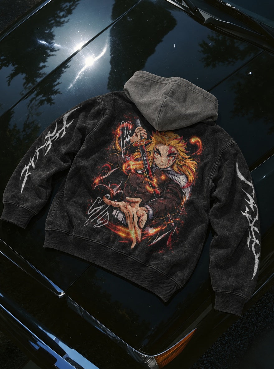 Rengoku Flame – Black & Grey Hoodie – flat-lay | Demon Slayer