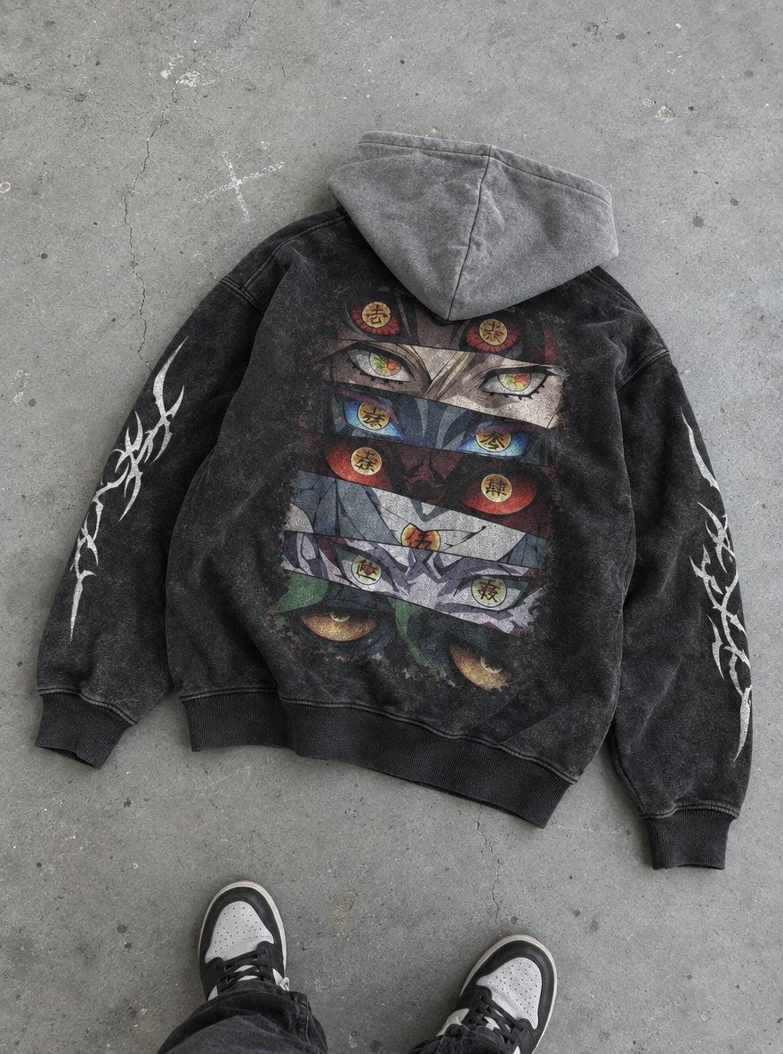 Demon Eyes – Black & Grey Hoodie – flat-lay | Demon Slayer