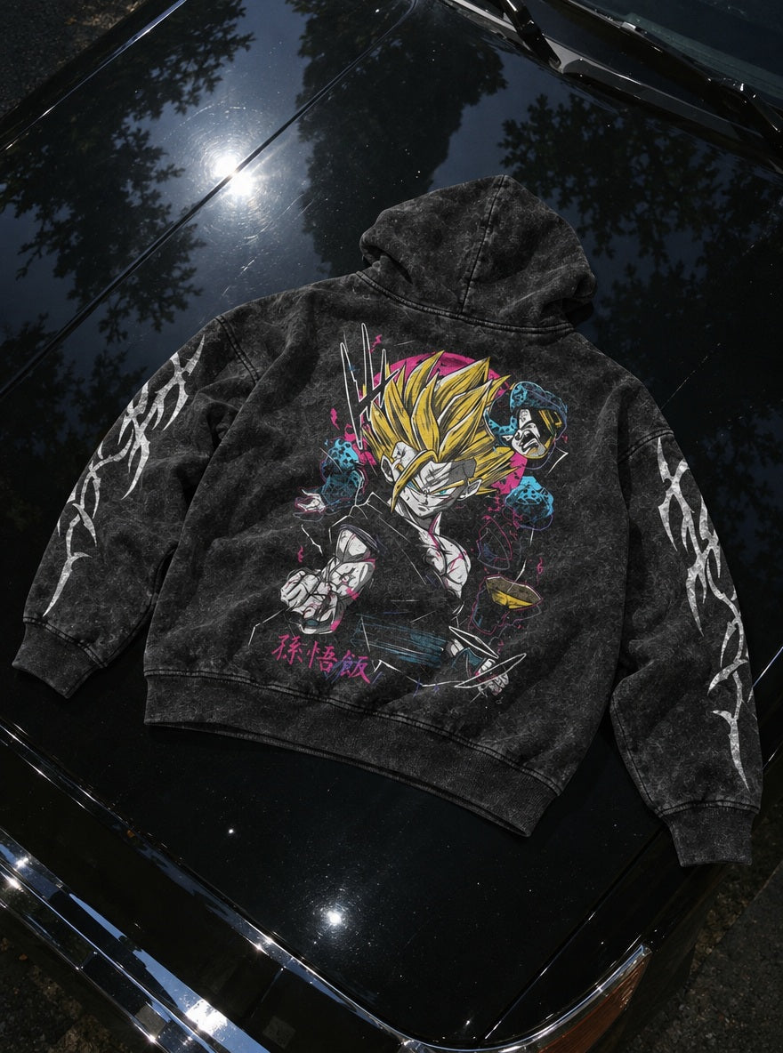 Gohan vs Cell – Hoodie – flat-lay | Dragon Ball
