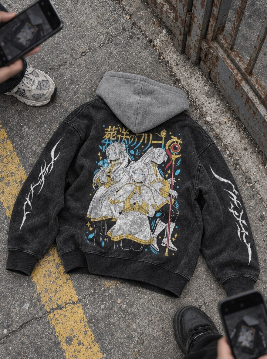Triple Frieren – Black & Grey Hoodie – flat-lay | Frieren