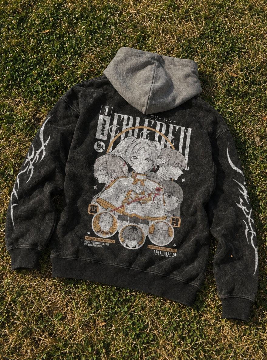Frieren's Party – Black & Grey Hoodie – flat-lay | Frieren