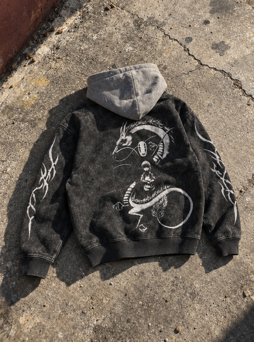 Haku & Chihiro – Black & Grey Hoodie – flat-lay | Ghibli