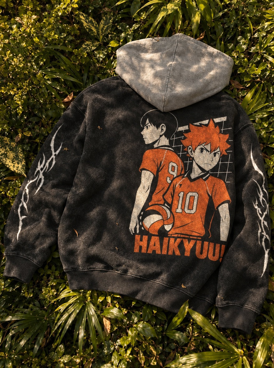 Freak Duo – Black & Grey Hoodie – flat-lay | Haikyuu