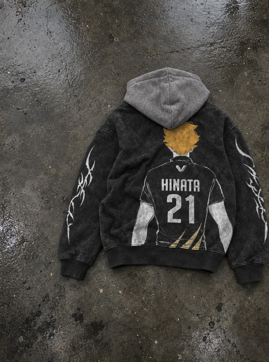Hinata Number 21 – Black & Grey Hoodie – flat-lay | Haikyuu