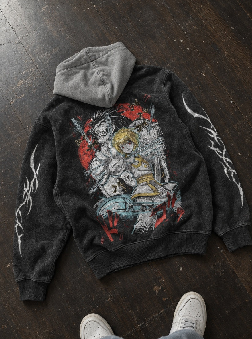 Kurapika vs Uvogin – Black & Grey Hoodie – flat-lay | Hunter x Hunter