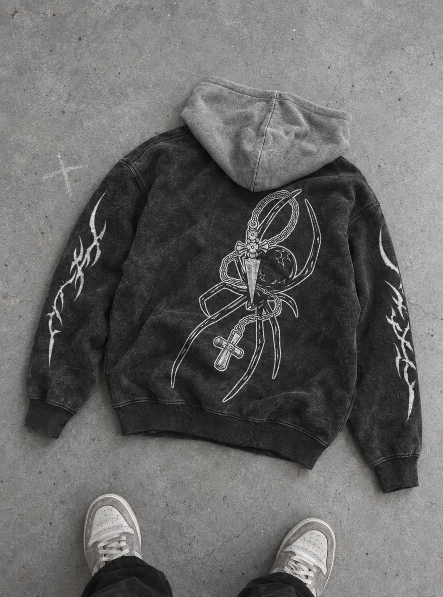 Spider and Cross – Black & Grey Hoodie – flat-lay | Hunter x Hunter