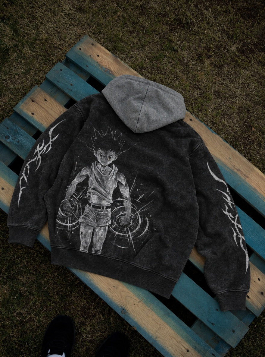 Gon Aura Fists – Black & Grey Hoodie – flat-lay | Hunter x Hunter
