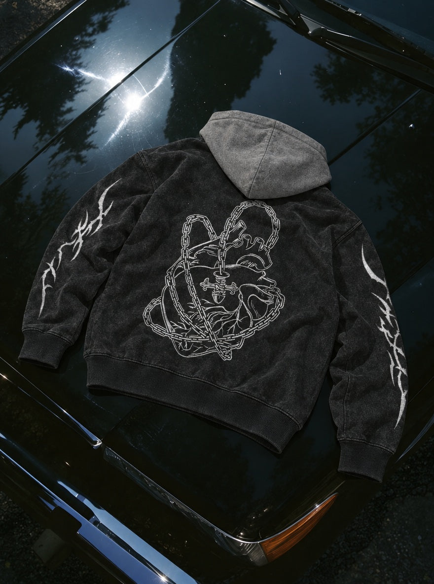 Chained Heart – Black & Grey Hoodie – flat-lay | Hunter x Hunter