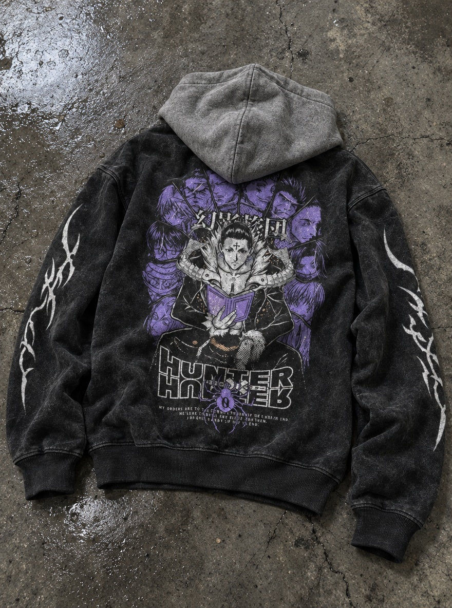 Phantom Troupe – Black & Grey Hoodie – flat-lay | Hunter x Hunter