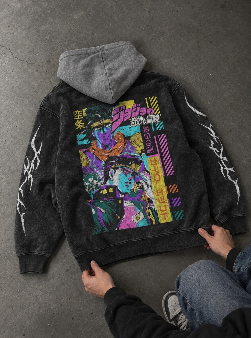 Jotaro Cairo – Black & Grey Hoodie – flat-lay | JoJo
