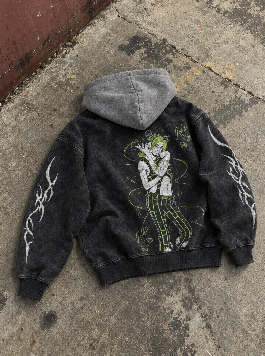 Jolyne Stone Free – Black & Grey Hoodie – flat-lay | JoJo