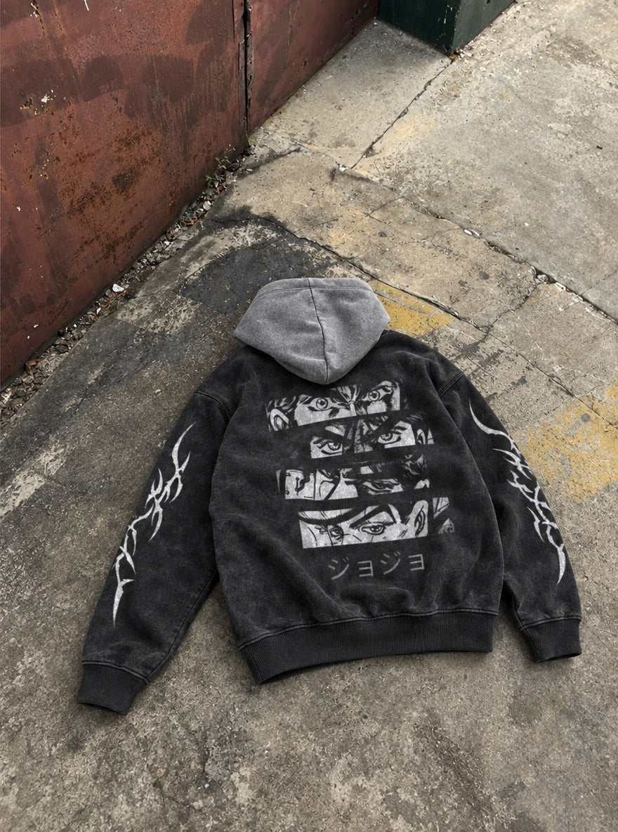 Joestar Eyes – Black & Grey Hoodie – flat-lay | JoJo