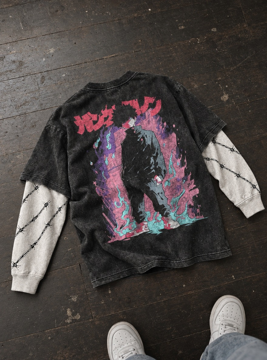 Mob Blue Flame – Double Sleeves – flat-lay | Mob Psycho 100