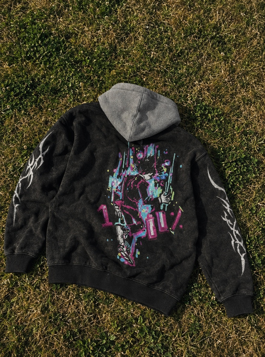 Mob Paint Splash – Black & Grey Hoodie – flat-lay | Mob Psycho 100