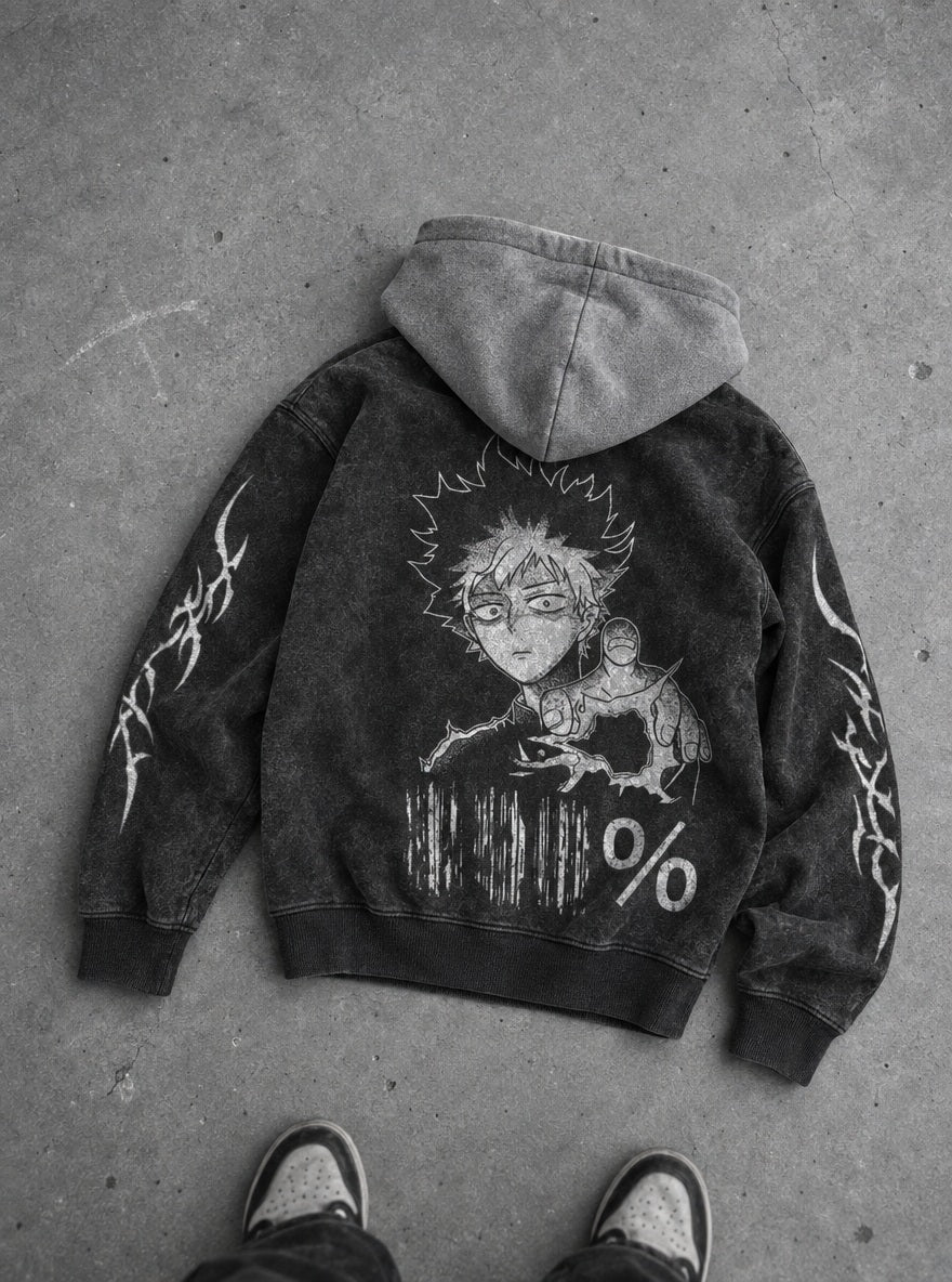 Mob Glitch – Black & Grey Hoodie – flat-lay | Mob Psycho 100