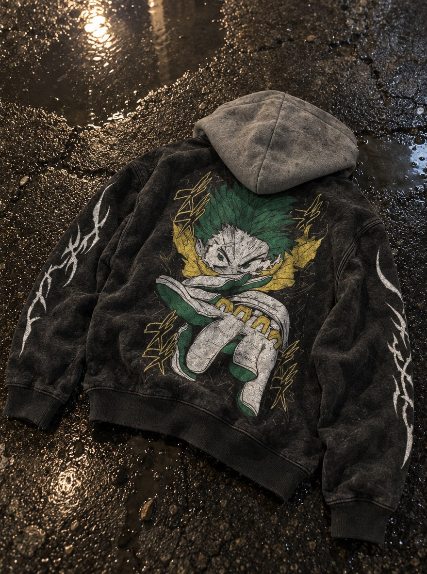 Deku Shoot Style – Black & Grey Hoodie – flat-lay | My Hero Academia