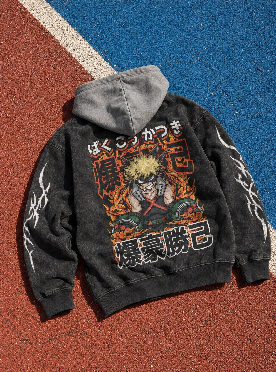 Bakugo Inferno – Black & Grey Hoodie – flat-lay | My Hero Academia