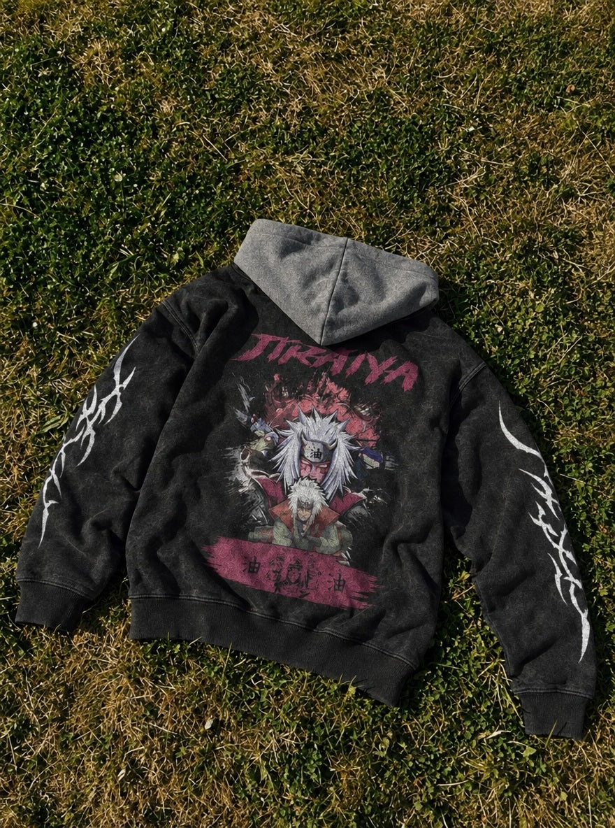Jiraiya Toad Sage – Black & Grey Hoodie – flat-lay | Naruto