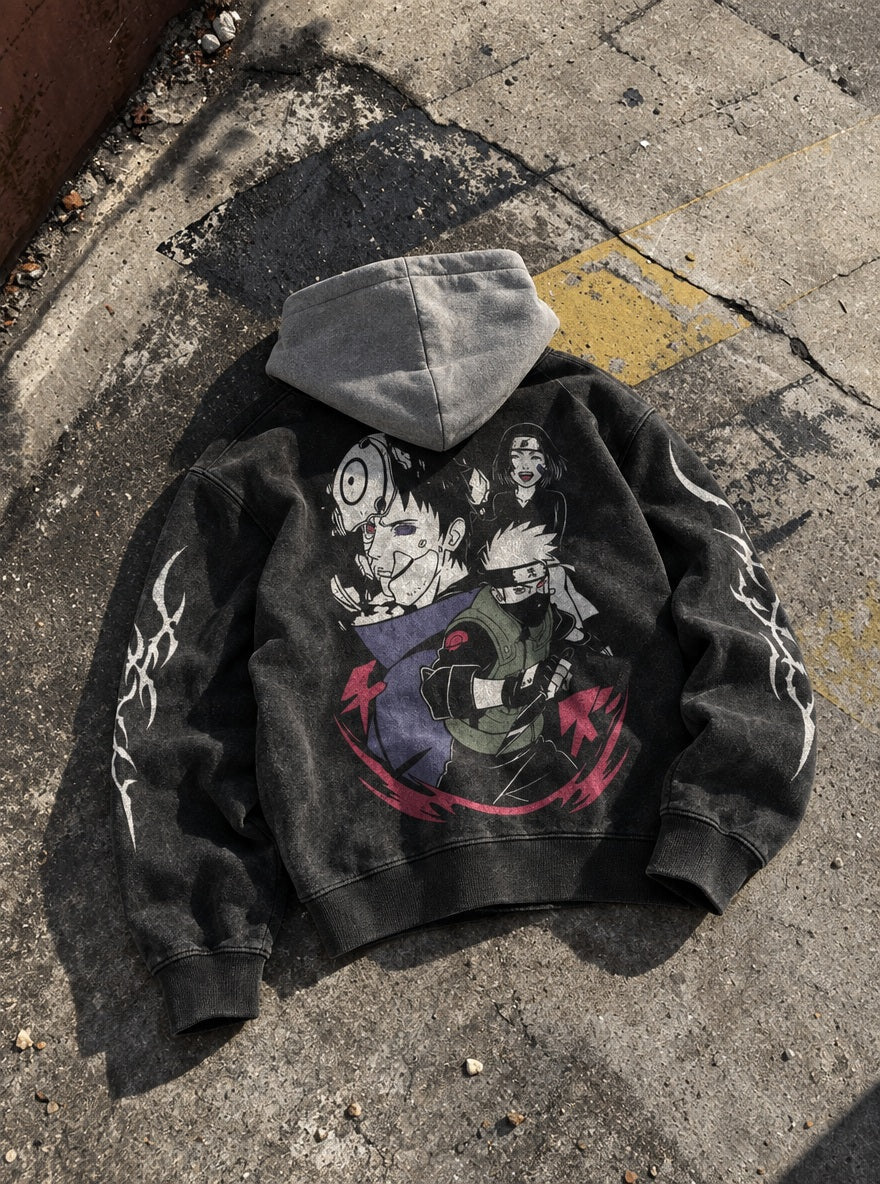 Obito & Kakashi – Black & Grey Hoodie – flat-lay | Naruto