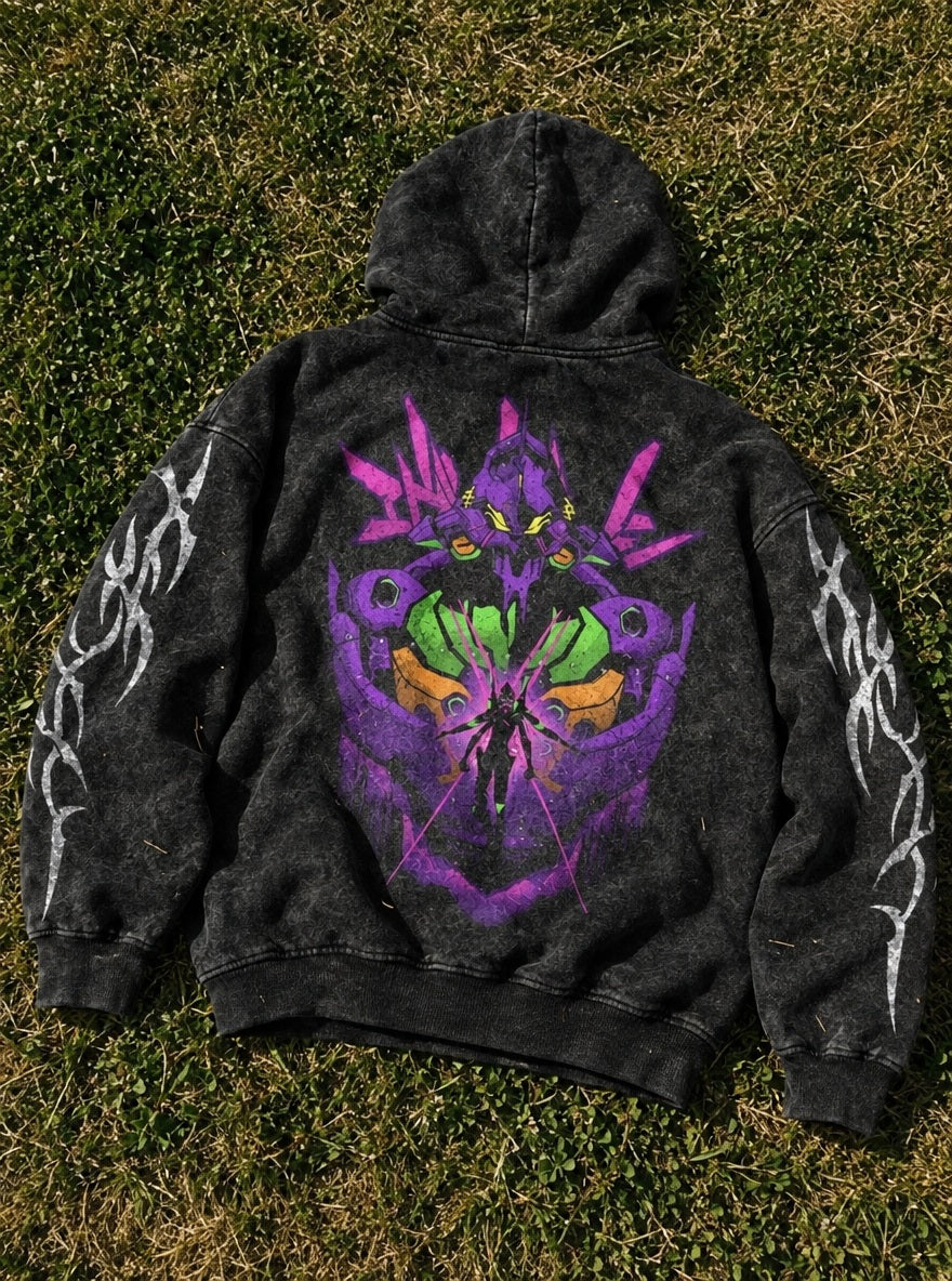 Unit-01 Neon Mask – Hoodie – flat-lay | Neon Genesis Evangelion