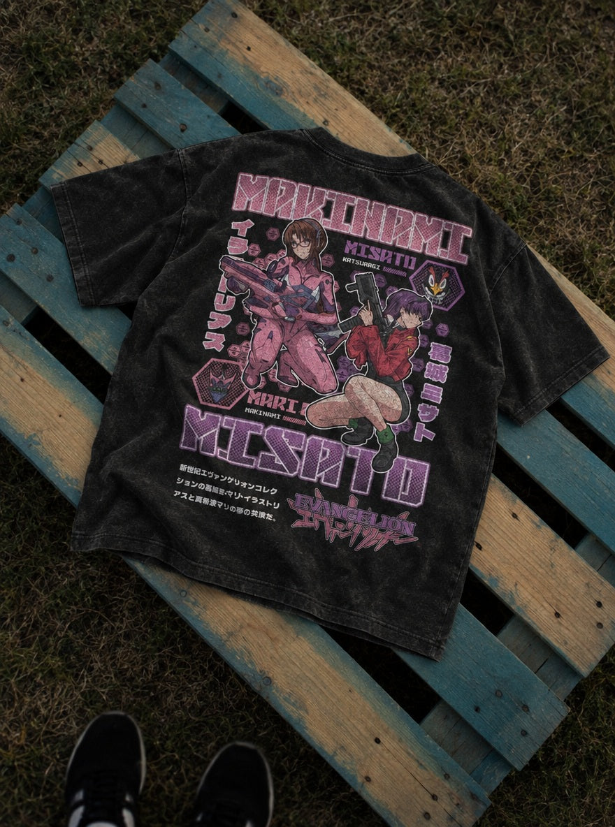 Mari & Misato – T-Shirt – flat-lay | Neon Genesis Evangelion