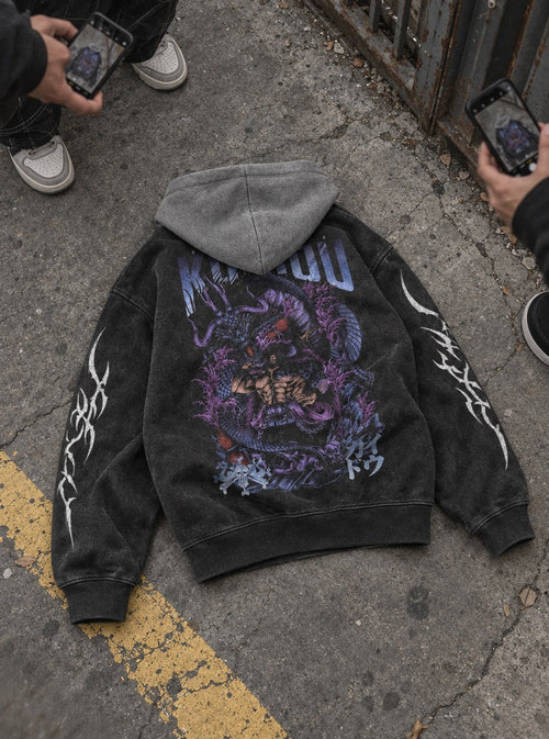 Beast King Kaido – Black & Grey Hoodie – flat-lay | One Piece