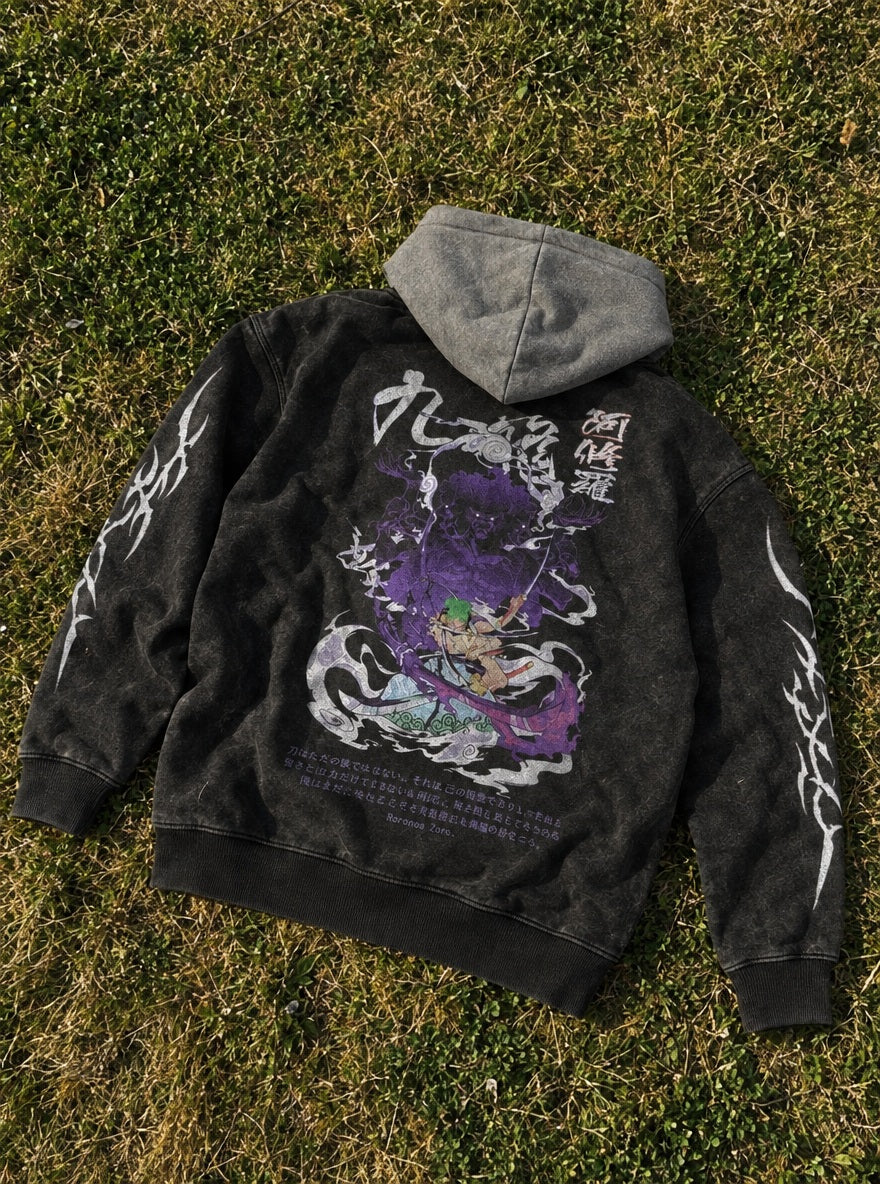 Nine Sword Zoro – Black & Grey Hoodie – flat-lay | One Piece