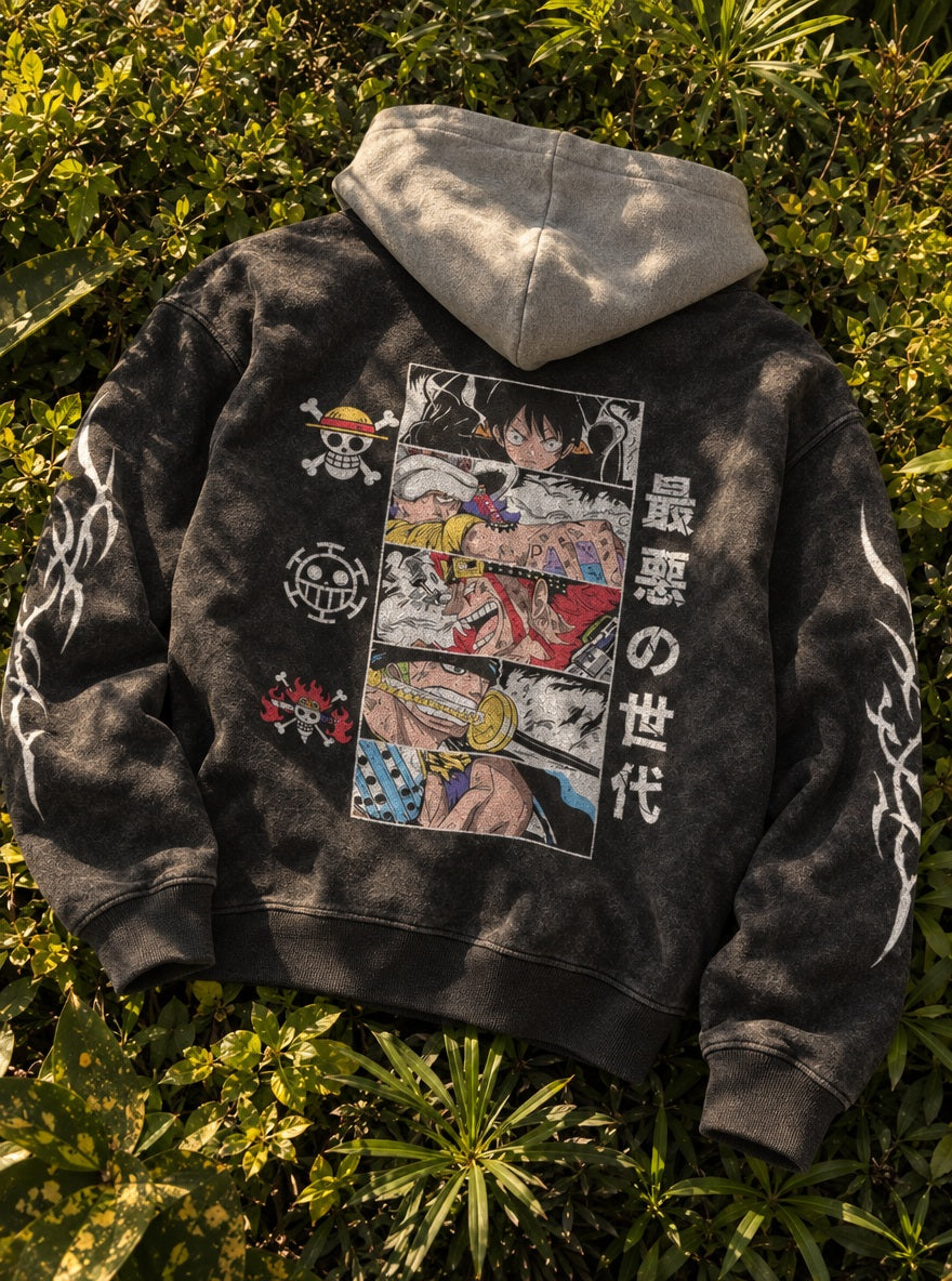 Worst Generation – Black & Grey Hoodie – flat-lay | One Piece
