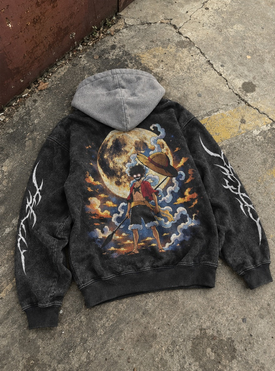 Luffy Full Moon – Black & Grey Hoodie – flat-lay | One Piece